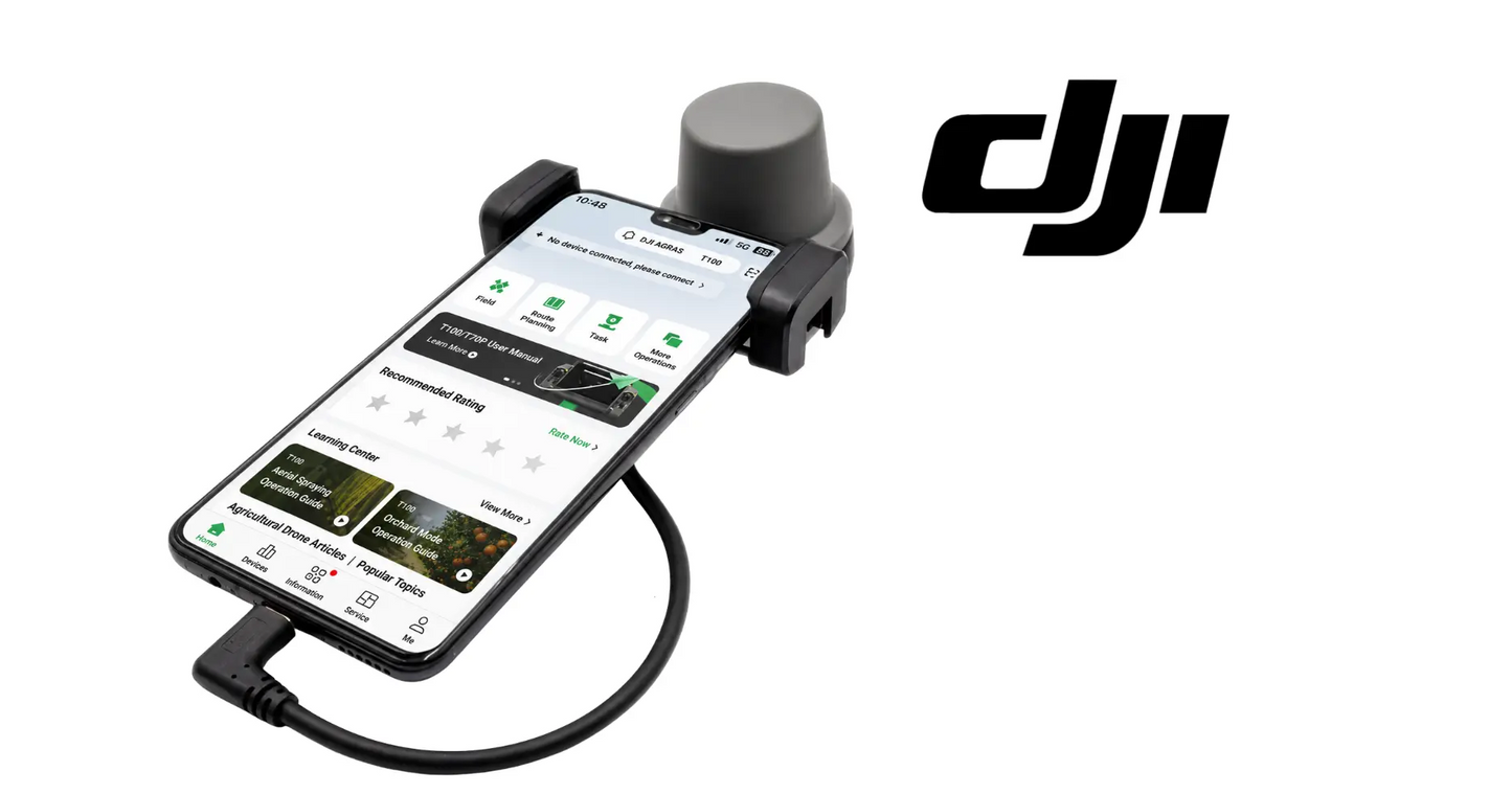RTK mobile phone holder with side clamps and connected cable, phone in landscape view