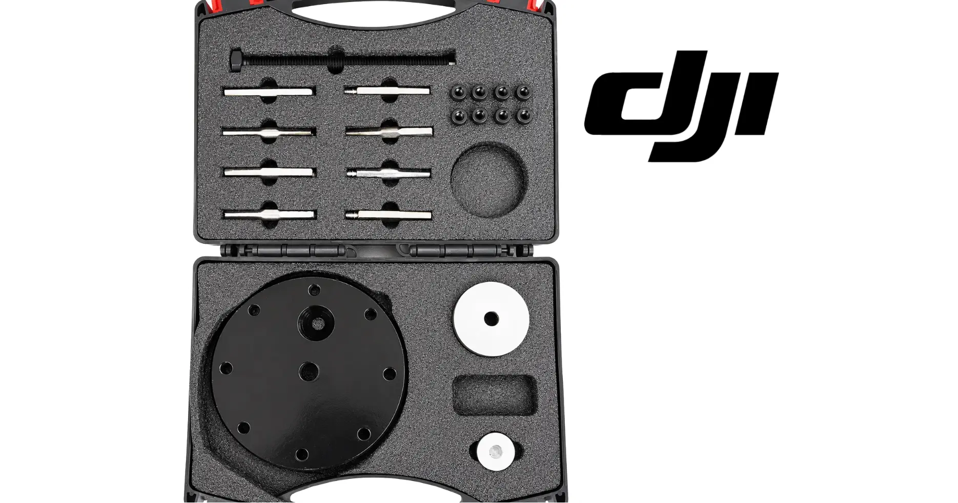 DJI propulsion motor bearing repair tool kit in open black case with circular plate
