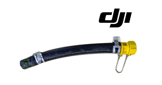 Curved high-pressure oil pipe with dark blue hose and yellow quick-connect end