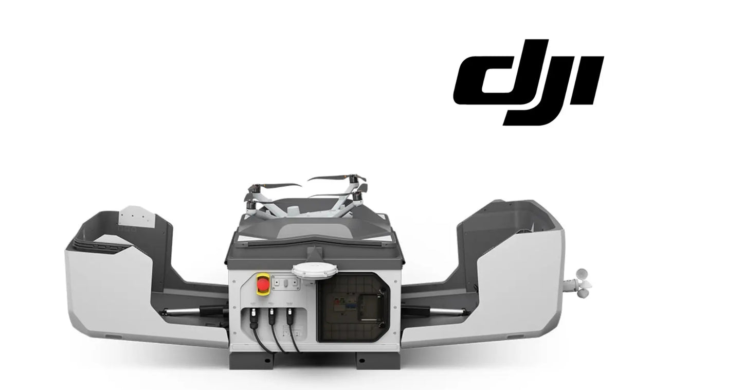 DJI surveillance docking station front view with dual side arms and central control unit