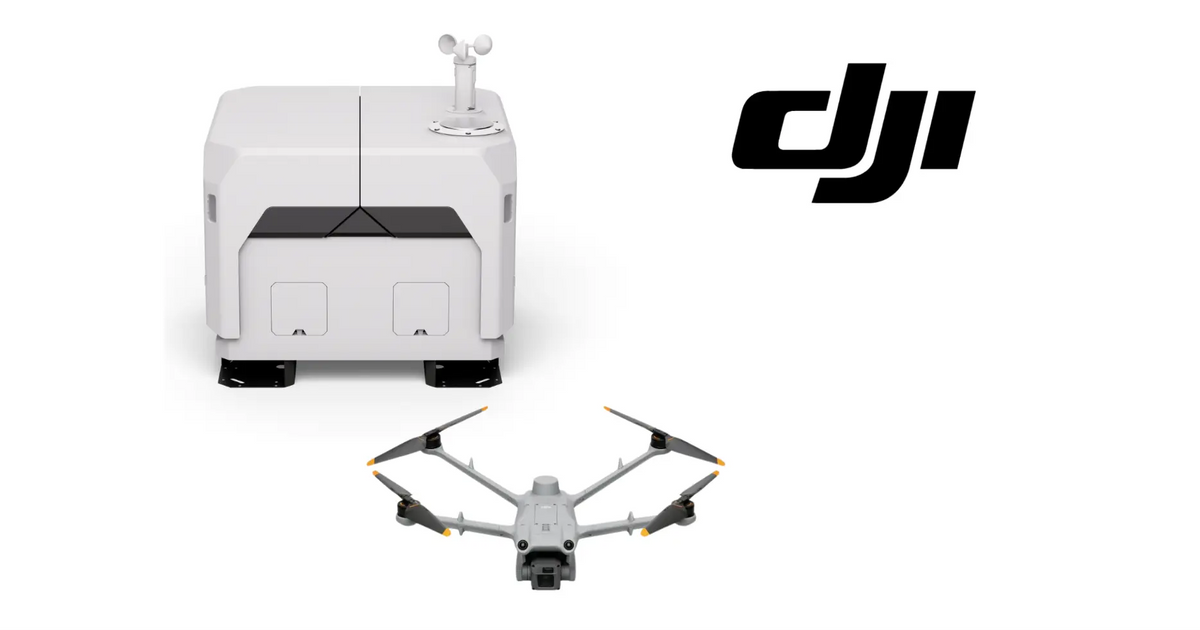 DJI dock and Matrice drone from front, charging ports visible
