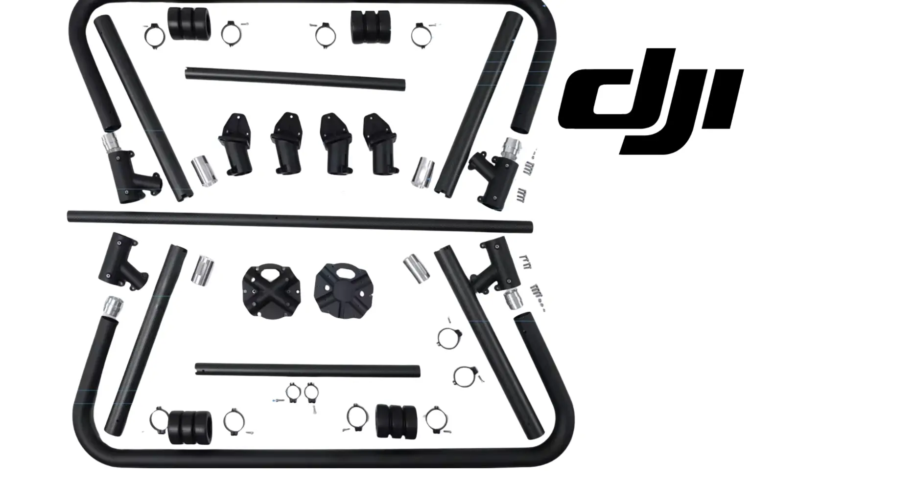 Landing gear hardware set with black metal tubes, brackets, and fasteners