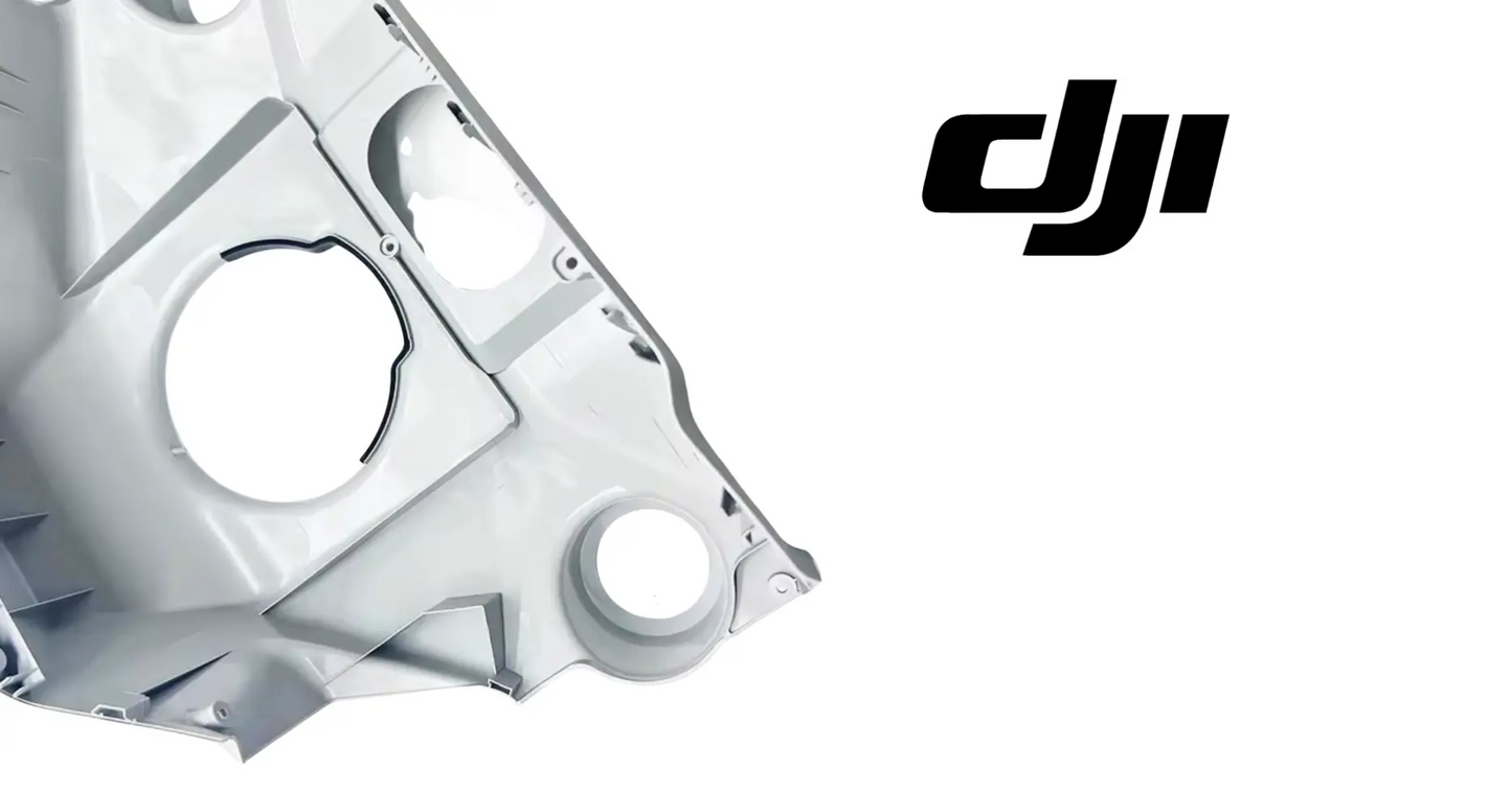 DJI Agras T100 front shell upper cover, light gray, angled view with circular recess