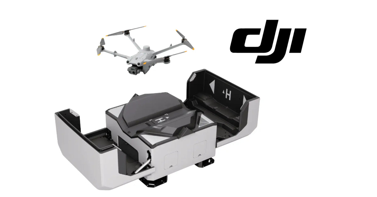 DJI dock with Matrice drone and white charging base, angled view