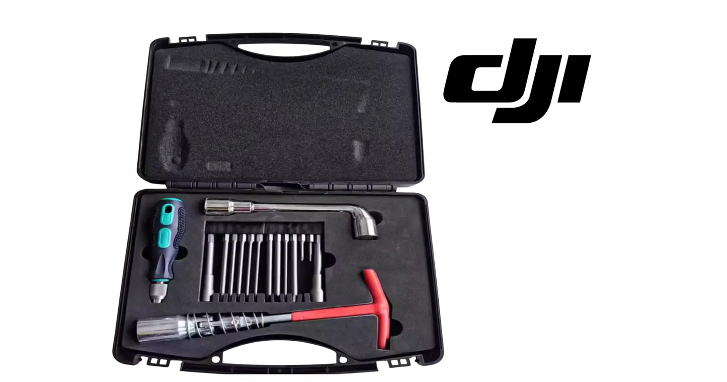 DJI Agras maintenance tool kit open in black case with screwdriver and bit set