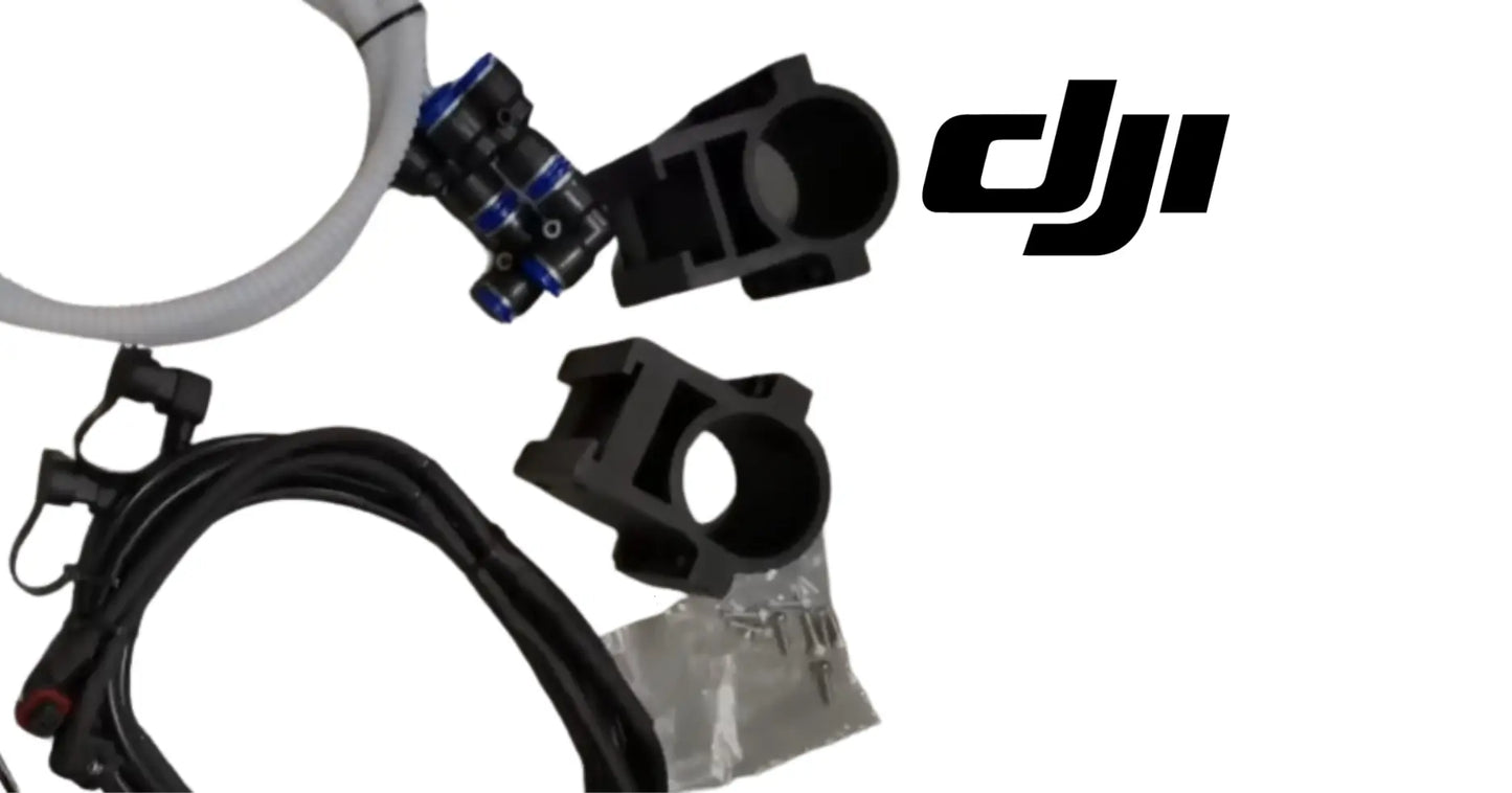 DJI Agras rear spray head modification kit with hoses, connectors, and mounting brackets