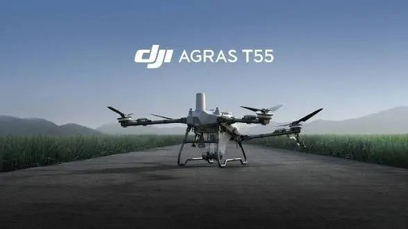 DJI Agras T55 agricultural sprayer drone on platform, front view
