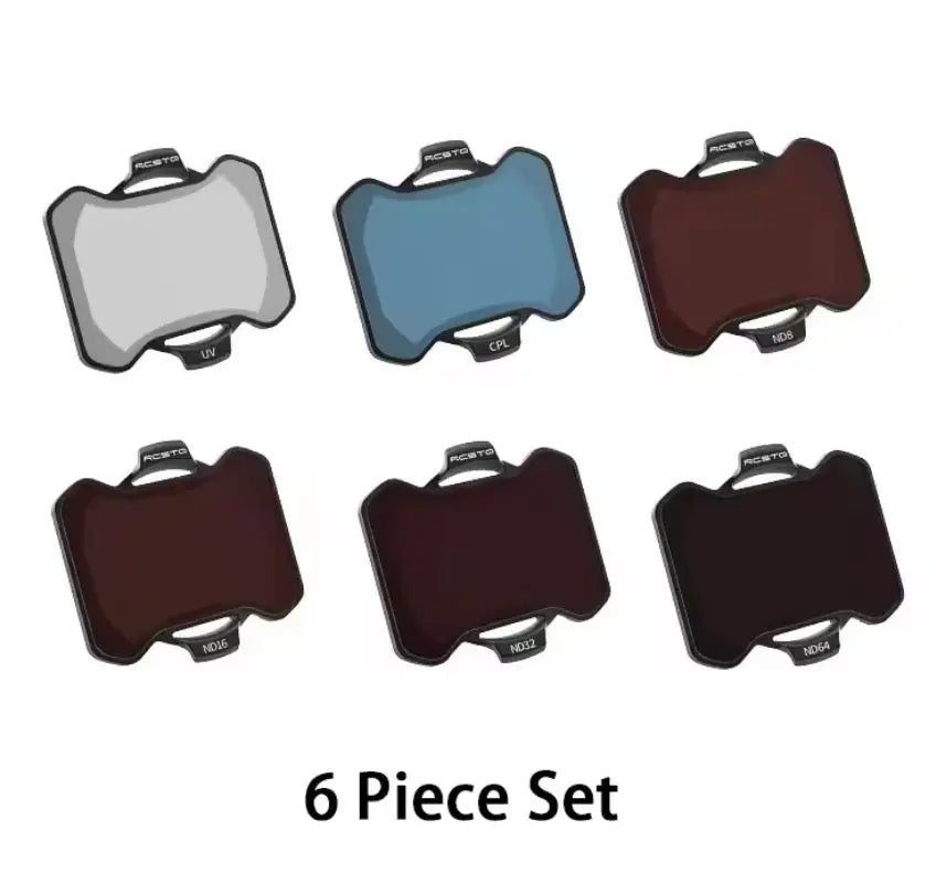 Set of six camera filters: UV, CPL, and multiple ND lenses in blue and dark tones