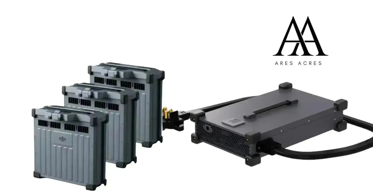Charging station with three gray battery packs and cables, black control module