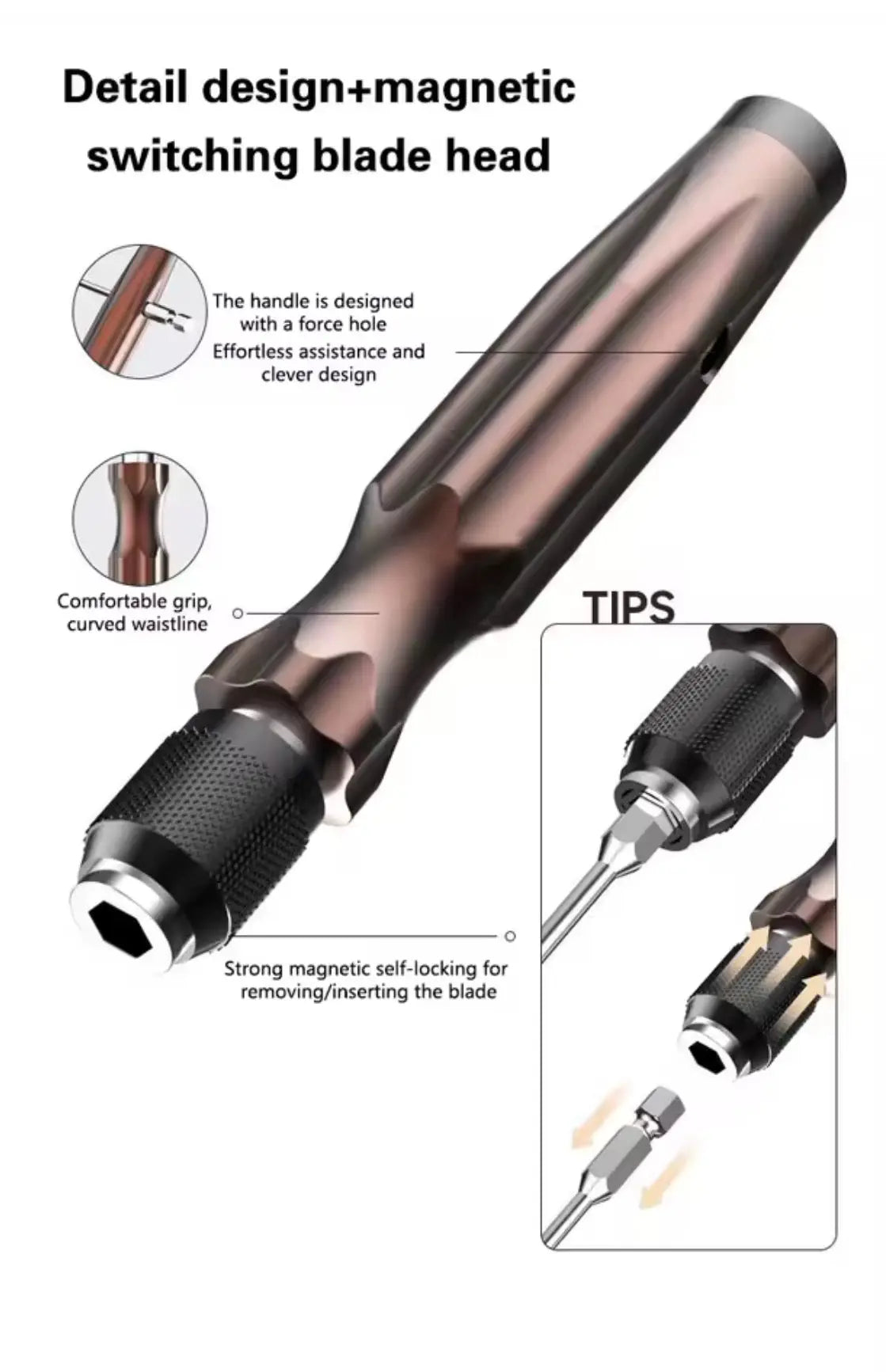 Magnetic screwdriver with copper handle, textured black grip, switching blade head