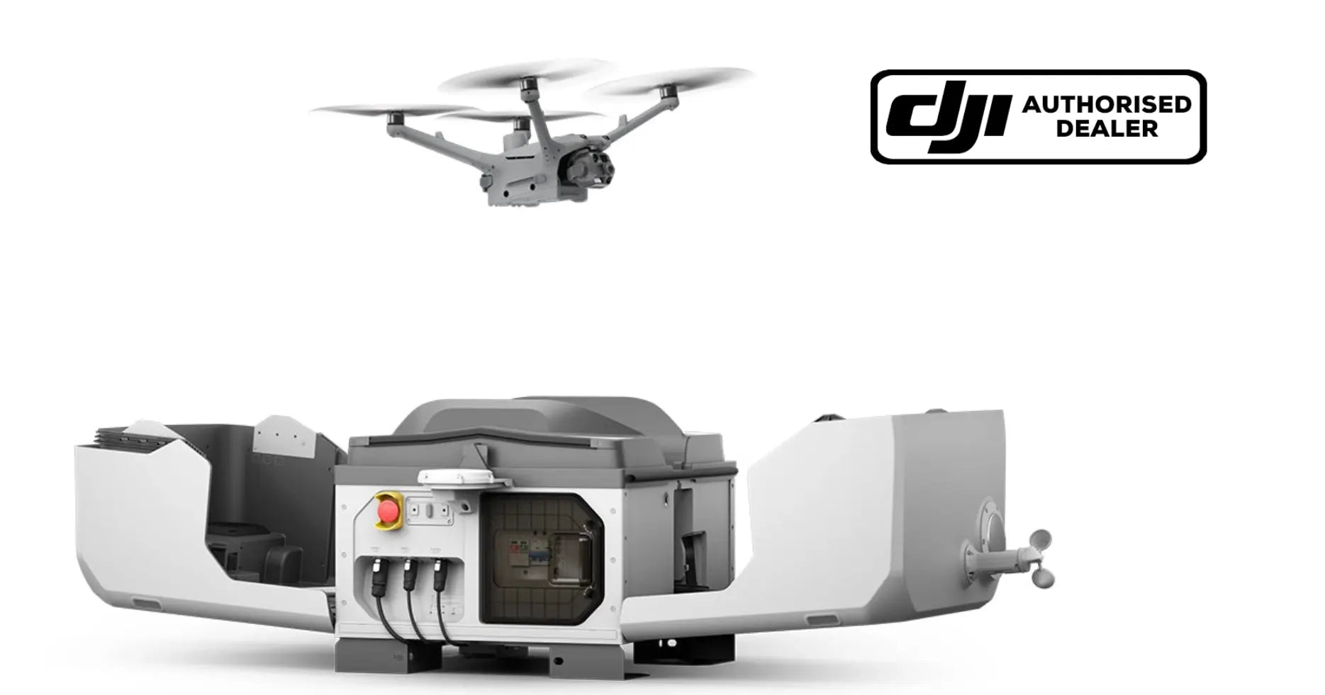 DJI surveillance docking station with drone docked above and side arms open