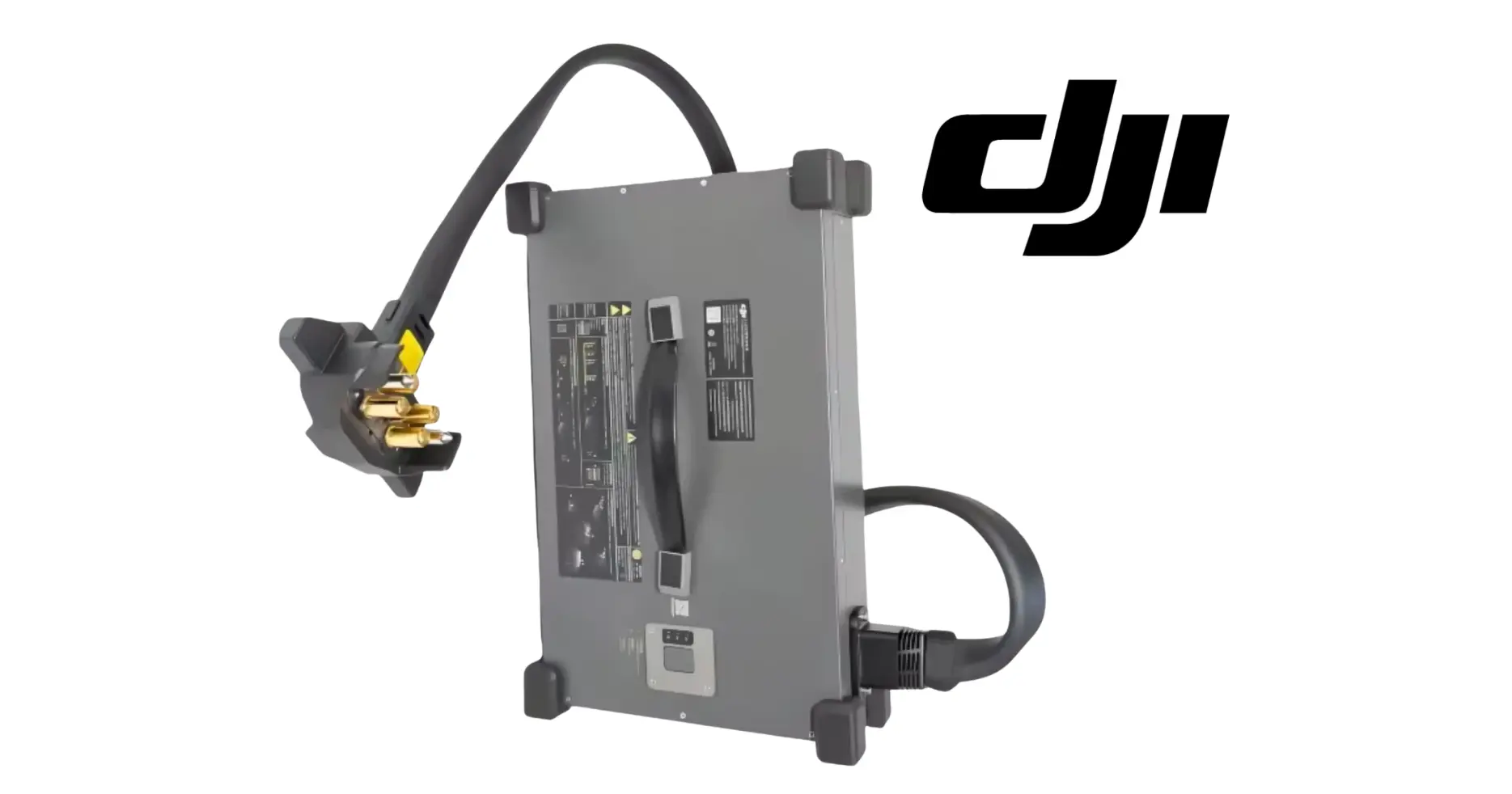 Gray power supply with battery clamp leads, side terminals, and top carry handle.