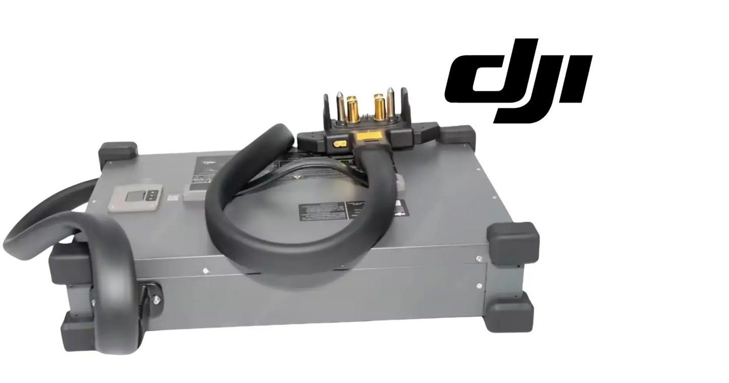 DJI gray power supply base with large looped cable and gold terminal posts.