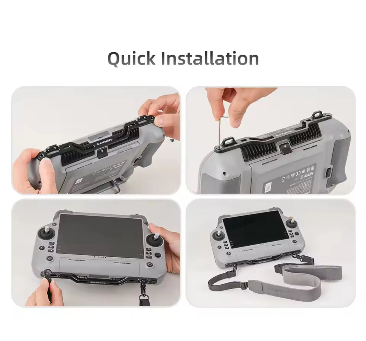 Gray DJI remote controller with neck strap being installed, showing the strap attachment points