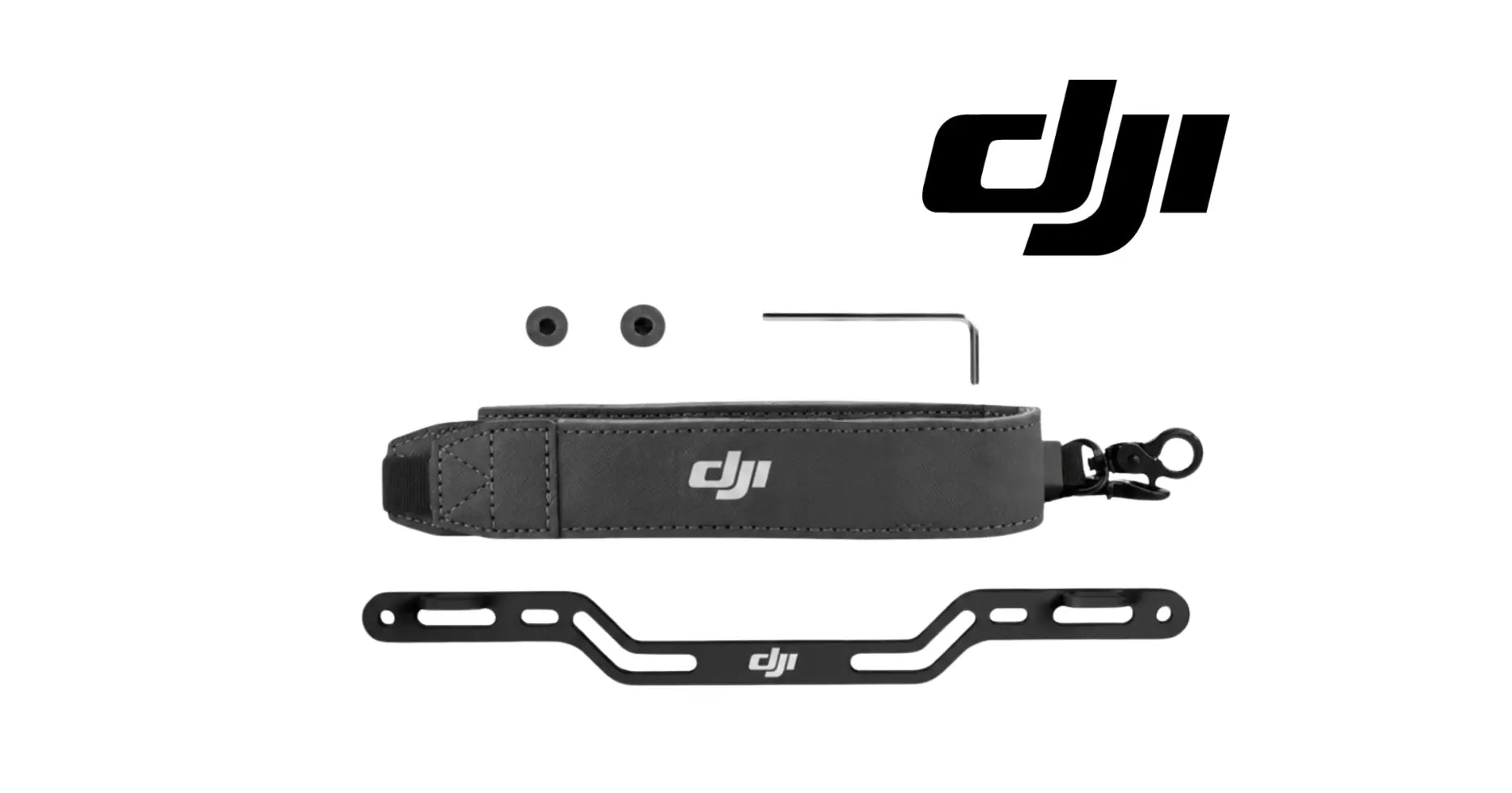 Black DJI neck strap with mounting bracket and strap end hardware, flat lay