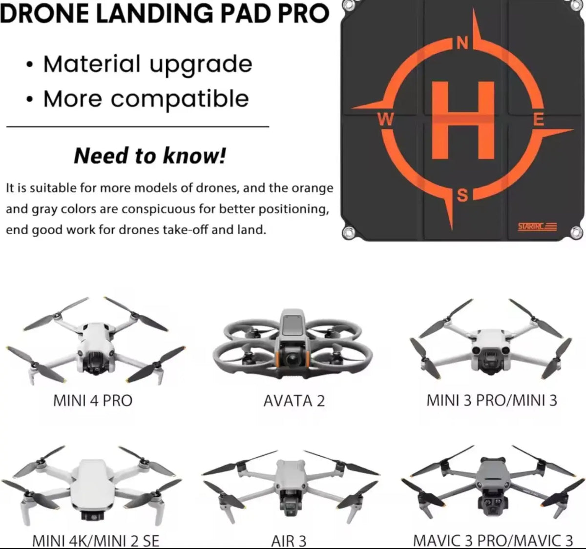 Foldable black drone landing pad with orange compass marking