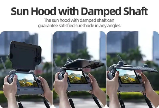 Adjustable controller sunshade with damped hinge, attached for glare-free viewing