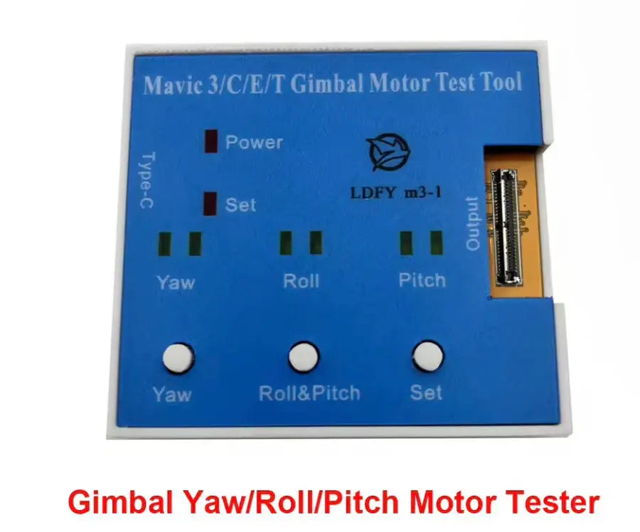 DJI Mavic 3 gimbal motor test tool, blue control panel with slot and buttons