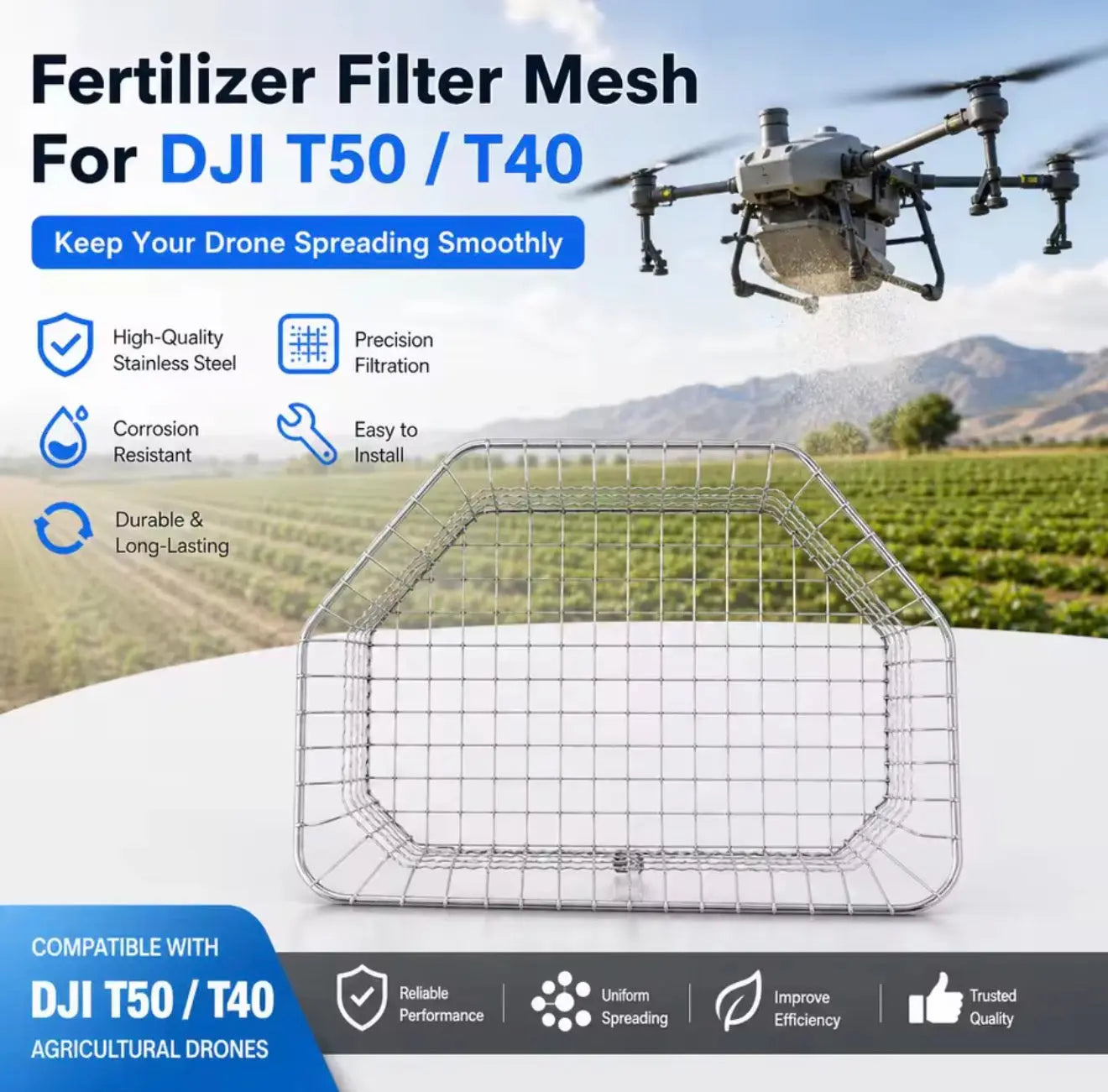 Stainless steel fertilizer filter mesh tray for DJI T50/T40 drones
