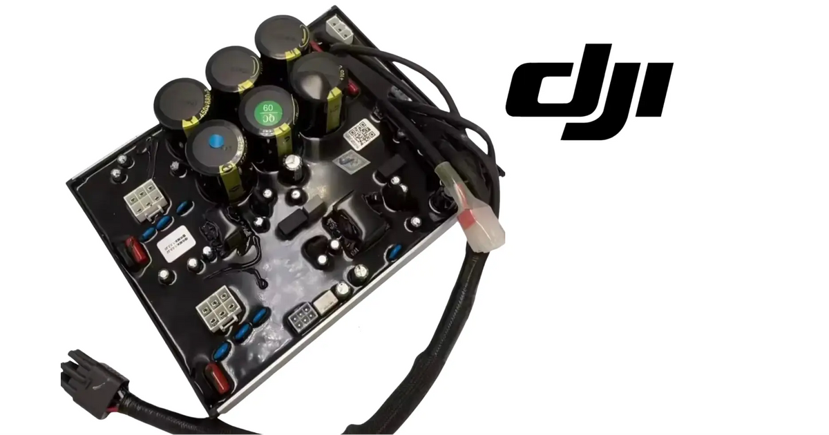 DJI Agras T50 DC power controller PCB with connected cables, circuit components