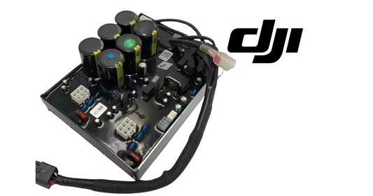 DJI Agras T50 DC power controller board with cables and connectors, top view