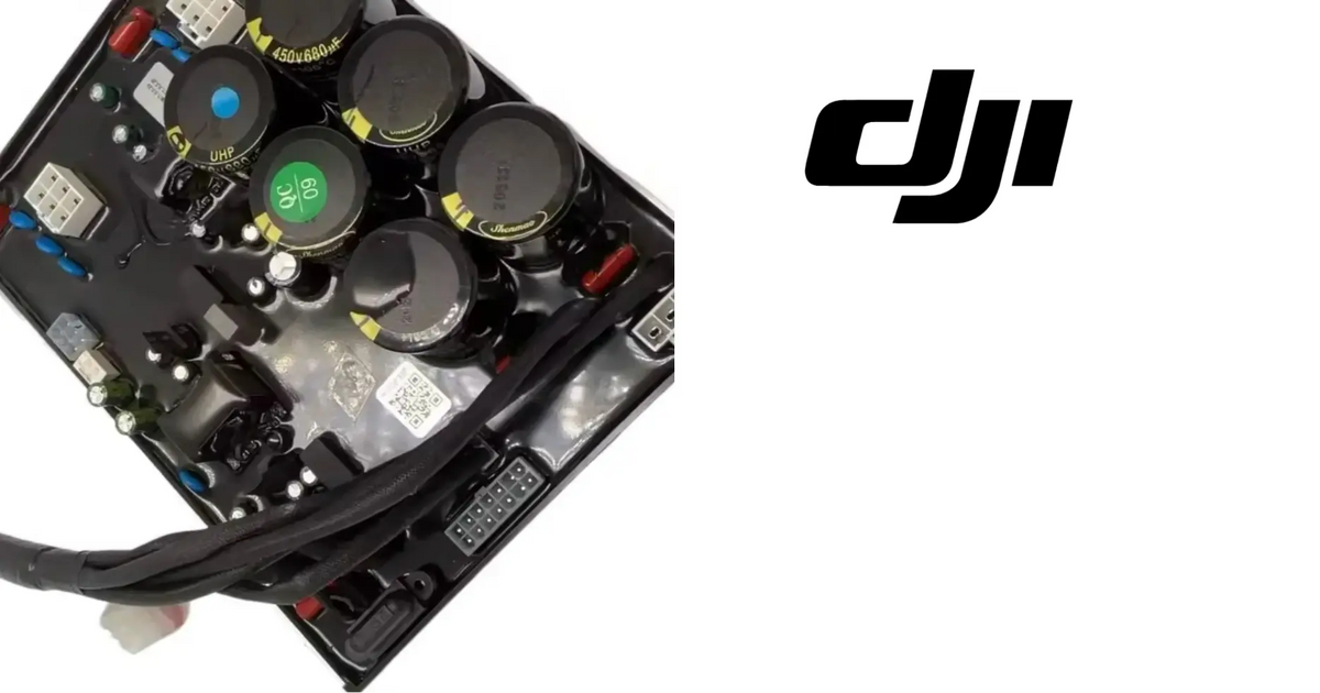 DJI Agras T50 DC power controller PCB close-up with ports, LEDs, and capacitors