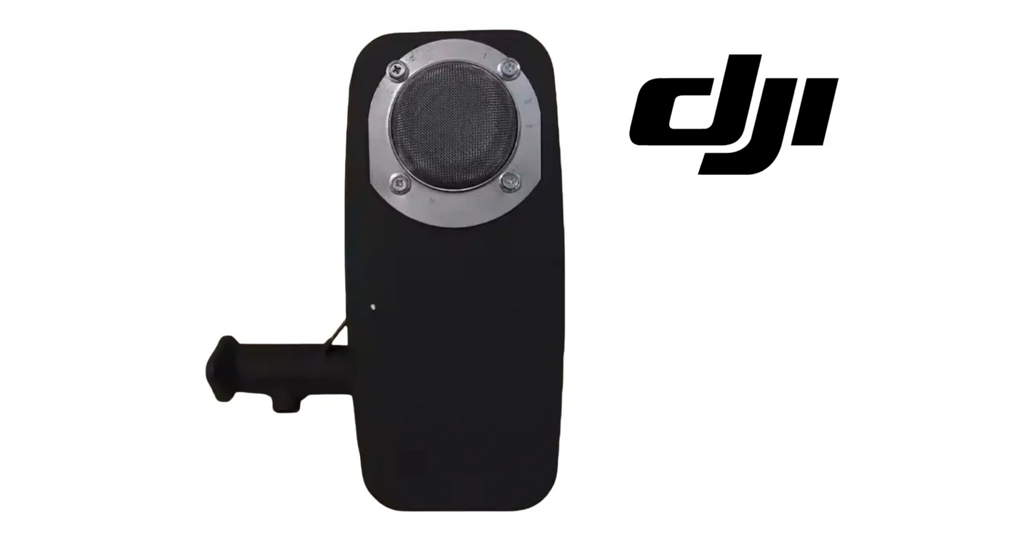 DJI exhaust muffler, black housing with round mesh baffle and mounting screws