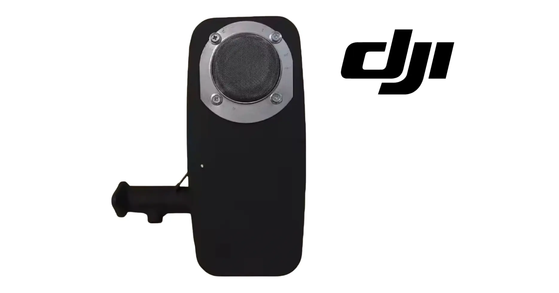 DJI exhaust muffler, black housing with round mesh baffle and mounting screws