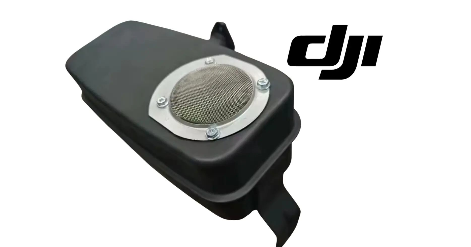 DJI exhaust muffler with top mesh screen and silver cover plate, black housing