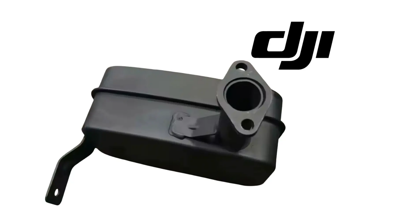 DJI exhaust muffler with circular pipe outlet and mounting bracket, black housing