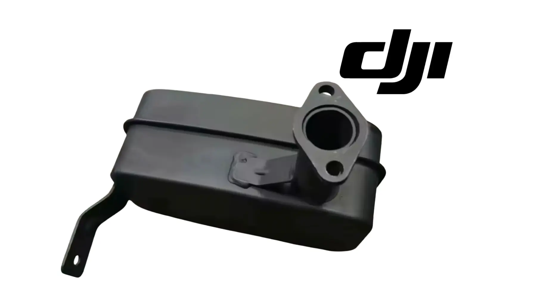 DJI exhaust muffler with circular pipe outlet and mounting bracket, black housing