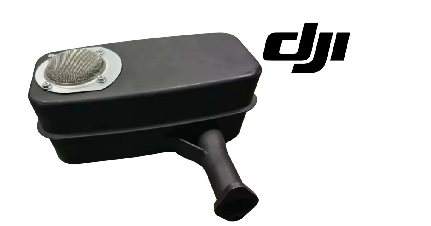 DJI exhaust muffler, black can with top mesh filter and front angled outlet