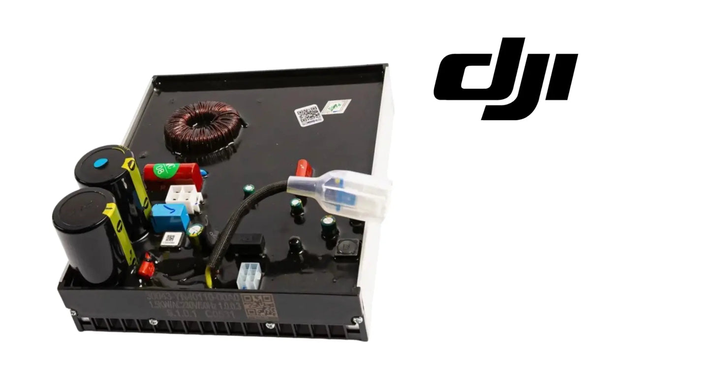 DJI inverter power module open view with copper coil, capacitors, and connectors
