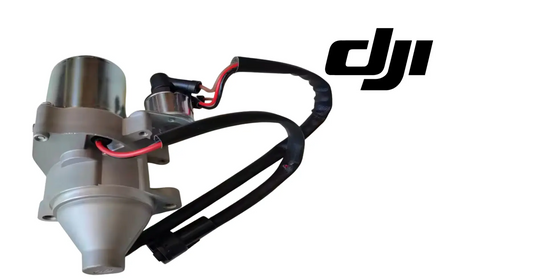 Silver electric starter motor assembly with black wiring harness and connectors, DJI.