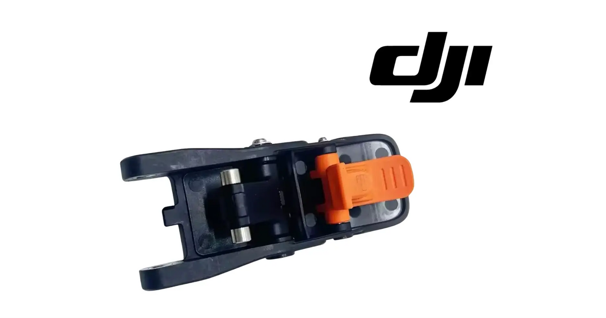 DJI Agras T100 arm buckle module in side view with orange latch and metal pin