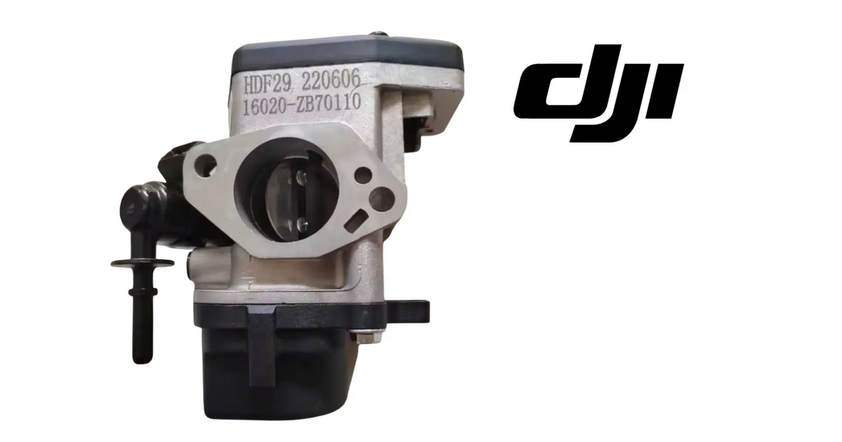 DJI Agras electronic fuel injection control board with stamped metal marking and ports