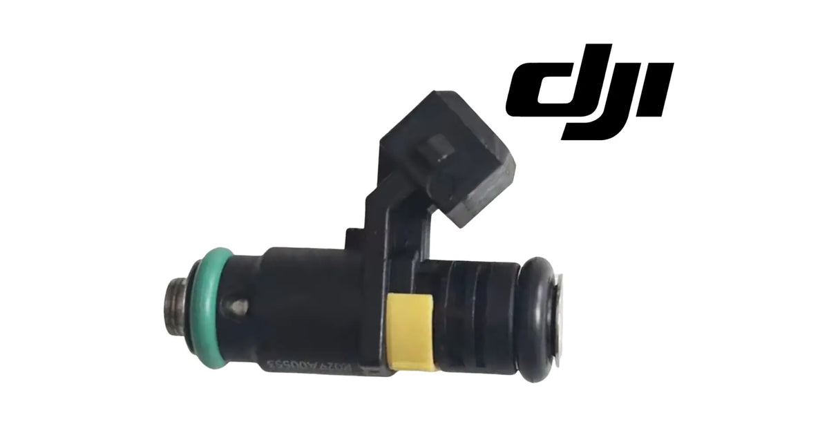 DJI electric injector nozzle with angled mounting bracket, green tip and black housing