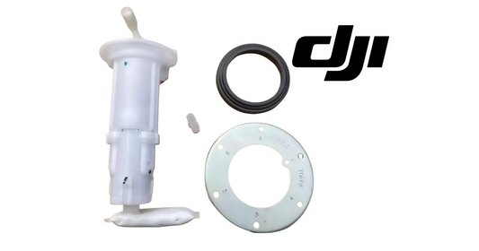 Fuel charge station set with white cylinder, black hose, and round mounting plate