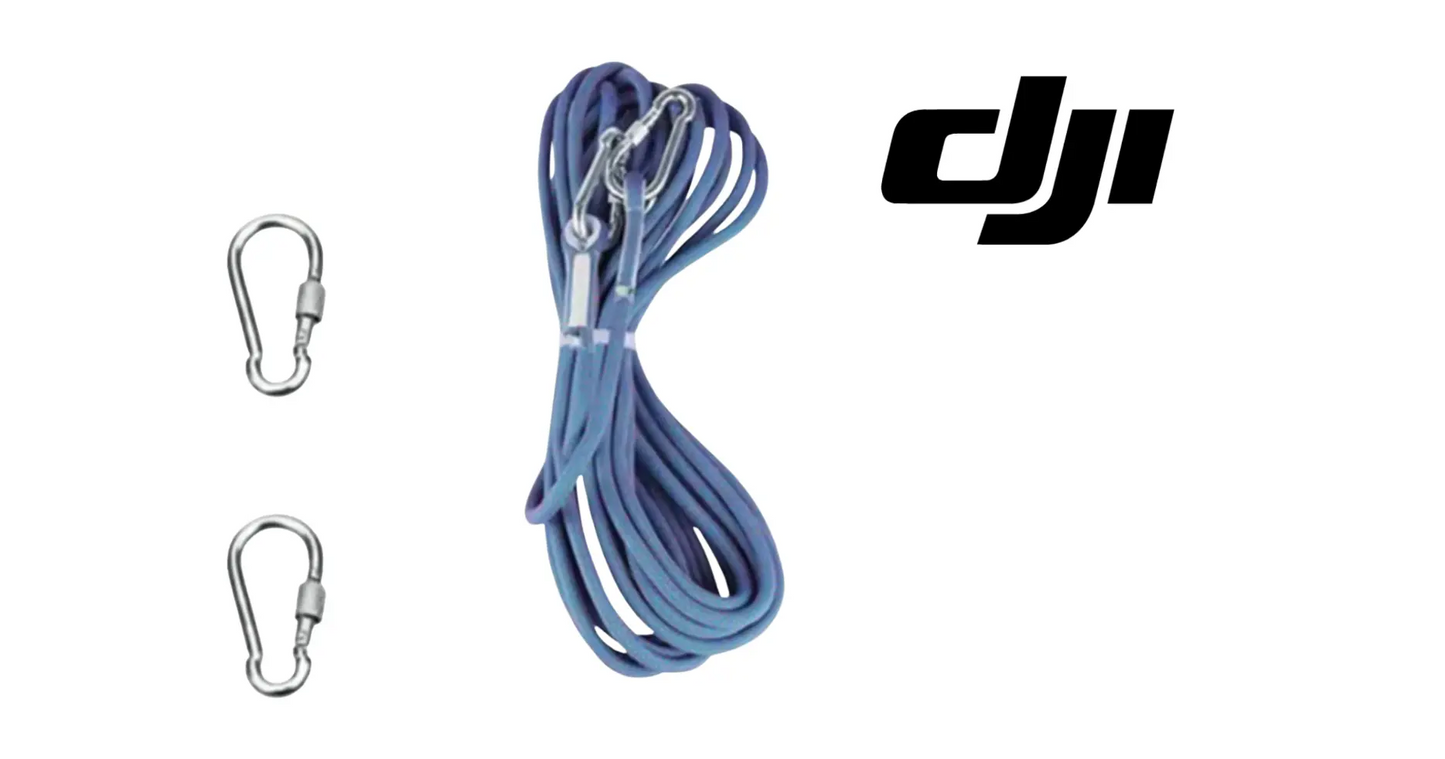 DJI T100 lifting rope with two metal carabiner-style hooks, coiled blue cord