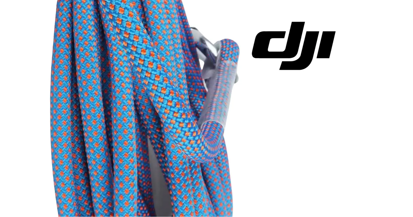DJI T100 lifting rope end with metal connector on blue fabric bundle