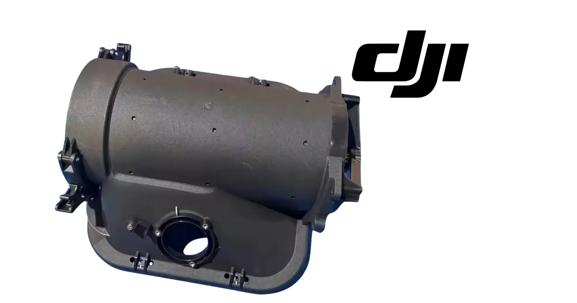 DJI Agras T100 auger shell housing, gray metal with mounting brackets