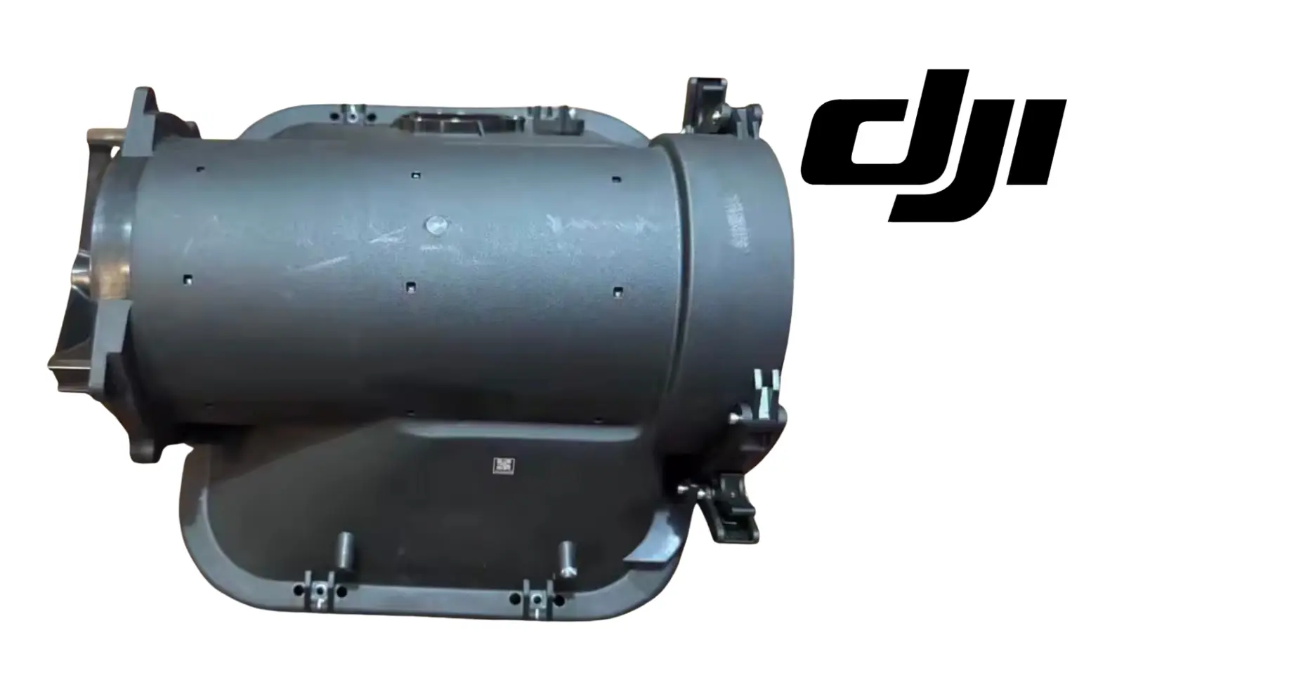 DJI Agras T100 auger shell housing, light gray cylinder with side supports