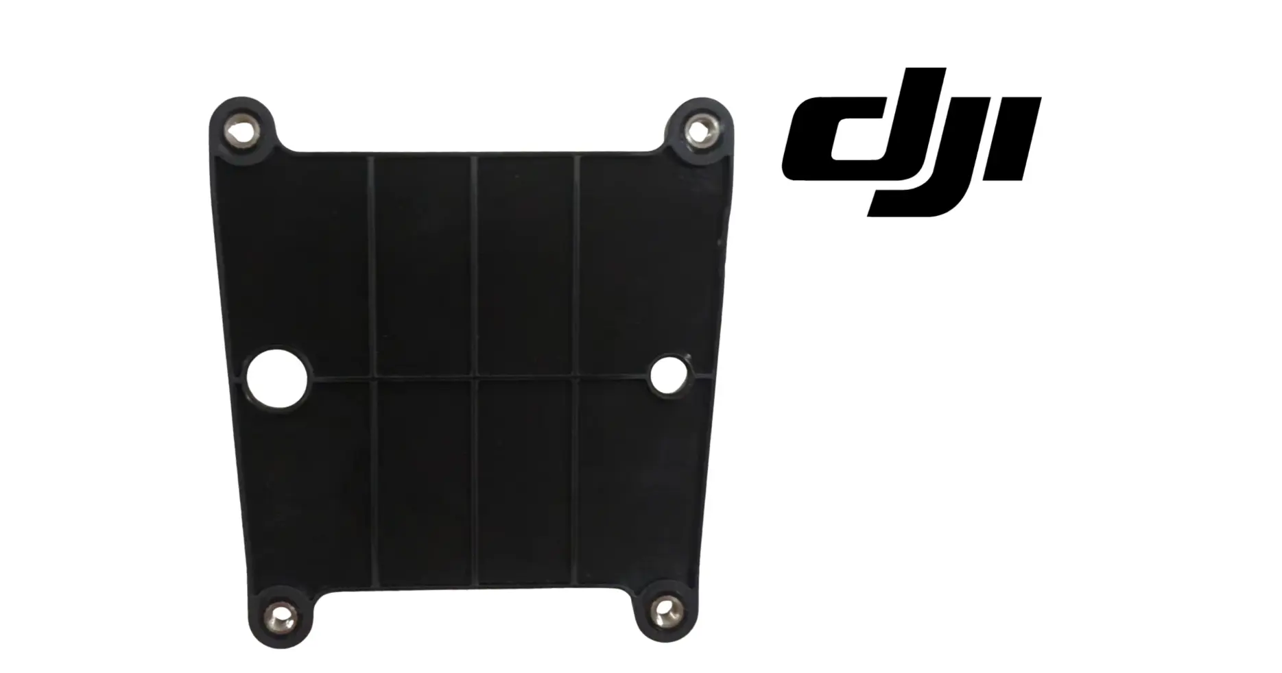 Black control board bracket with four corner screw holes and molded grid panel