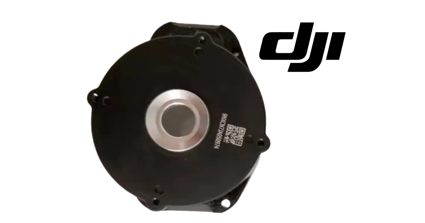 DJI mist sprinkler lower motor, black circular housing with silver center and mounting holes