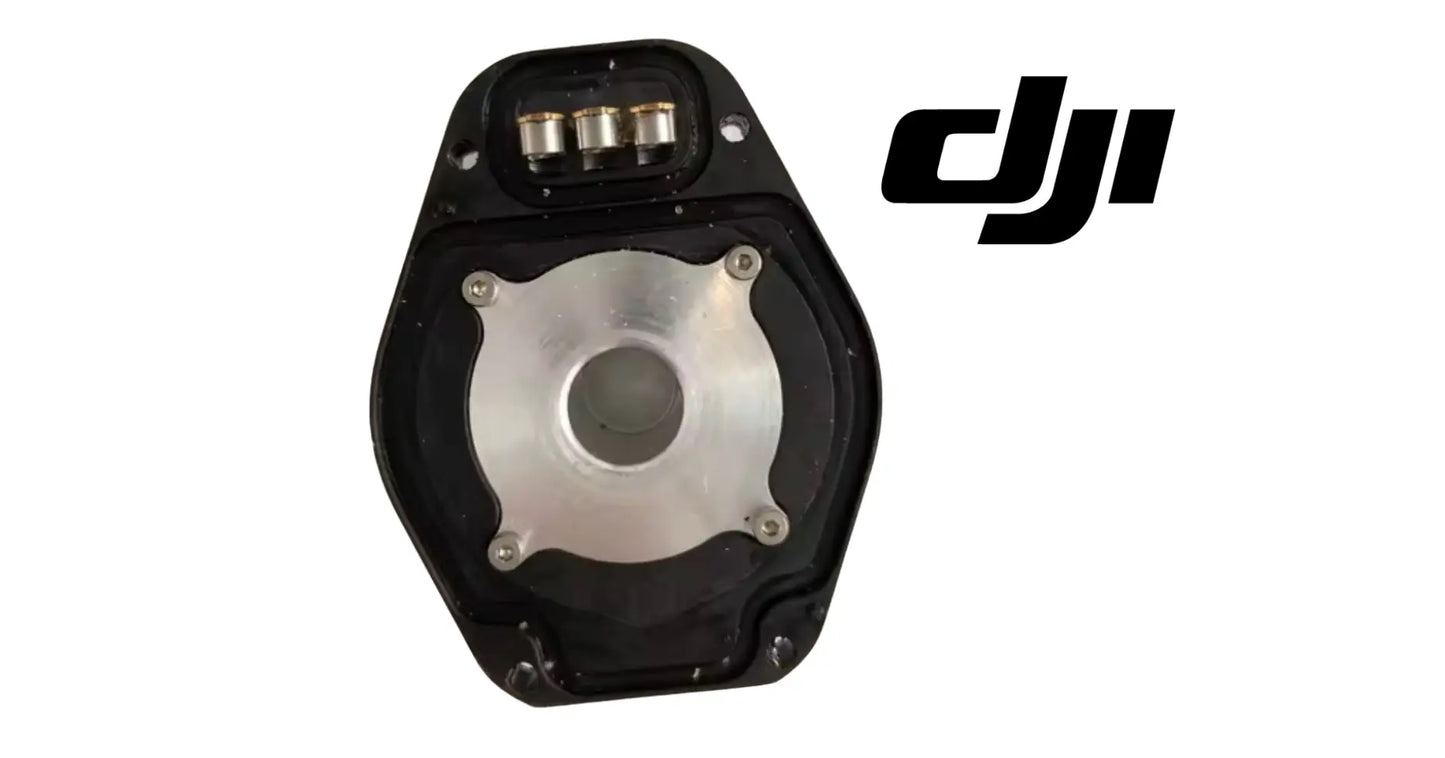 DJI lower motor cover, black casing with exposed silver circular inner part and connectors