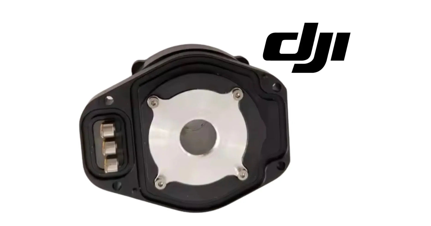 DJI mist sprinkler motor, black and silver front housing with side vented openings