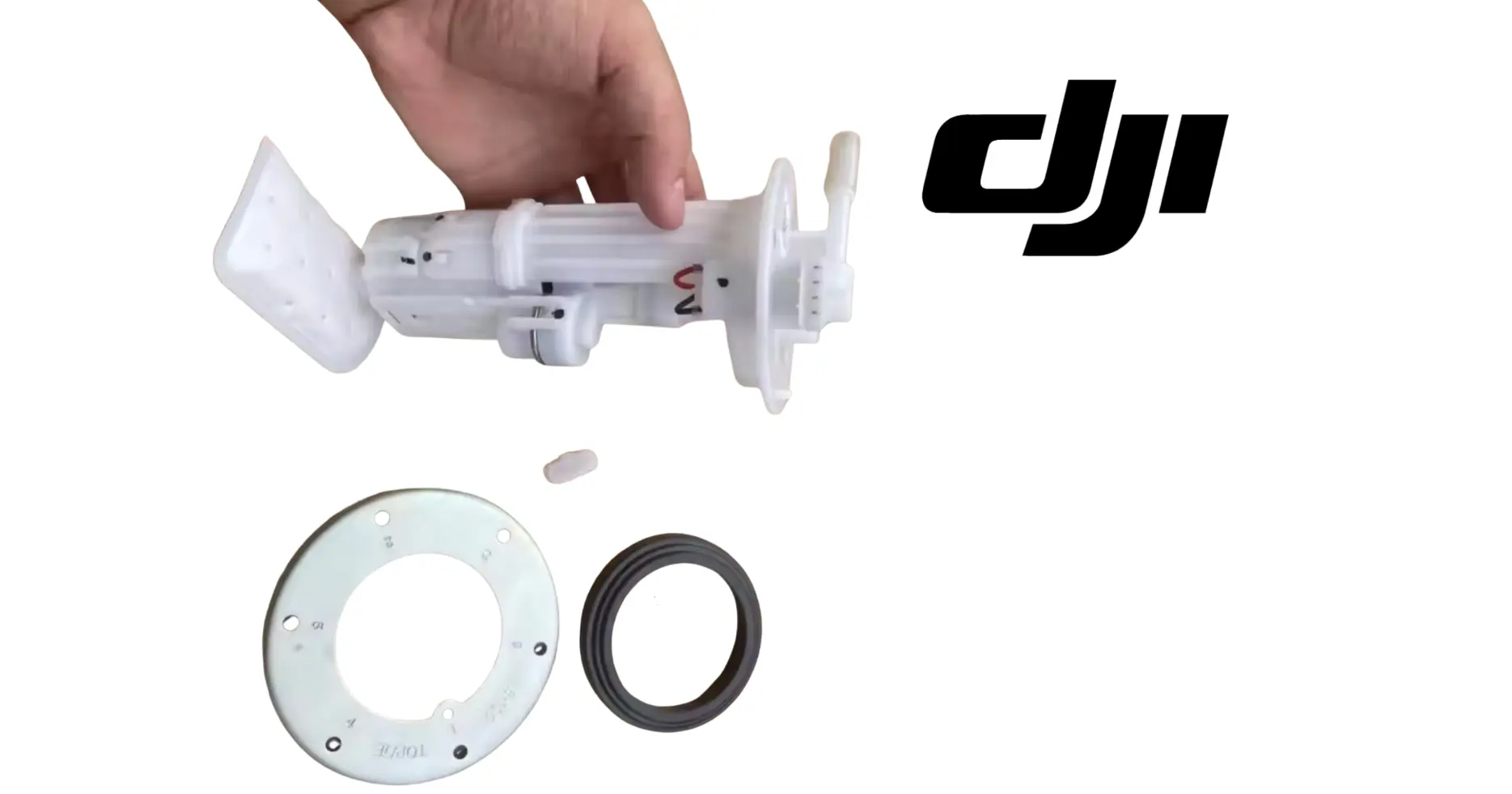 DJI fuel pump assembly with white pump unit, flange plate, and black O-ring