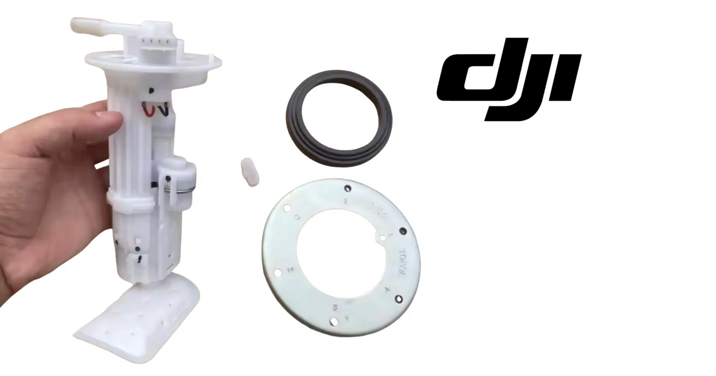 DJI fuel pump assembly held in hand: white pump unit, flange plate, and black O-ring