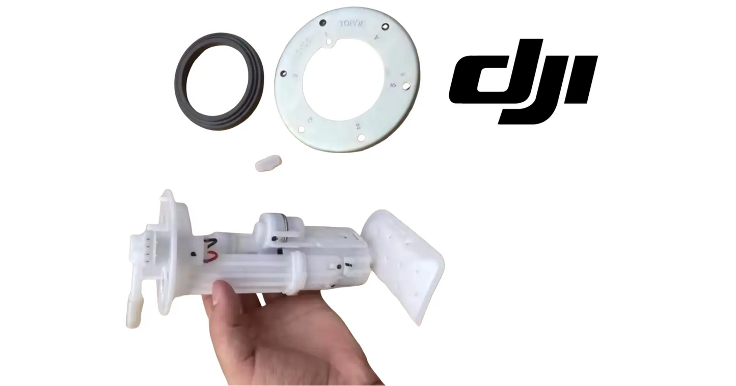 DJI fuel pump assembly with white pump bar, flange plate, and black O-ring