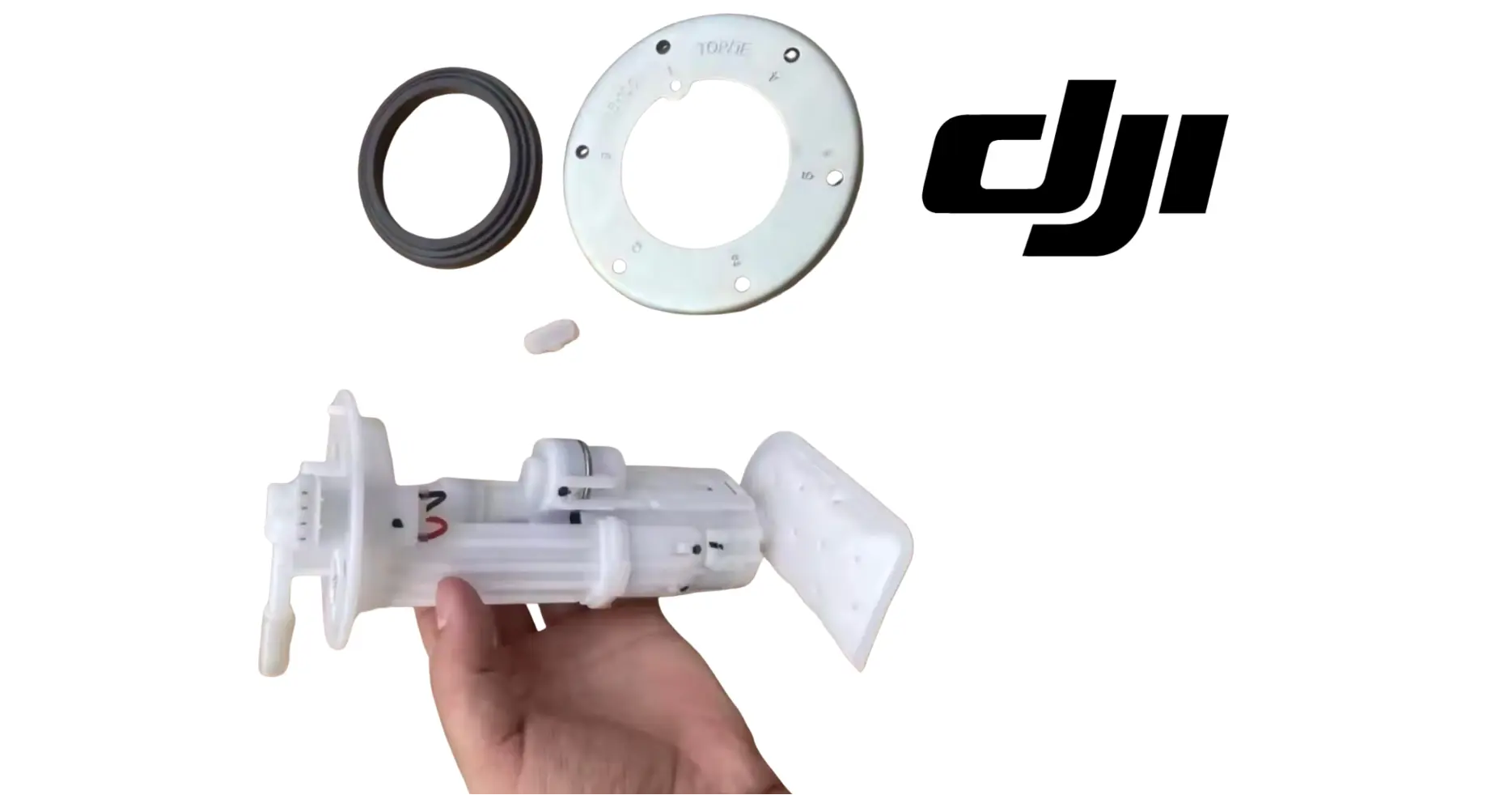 DJI fuel pump assembly with white pump bar, flange plate, and black O-ring